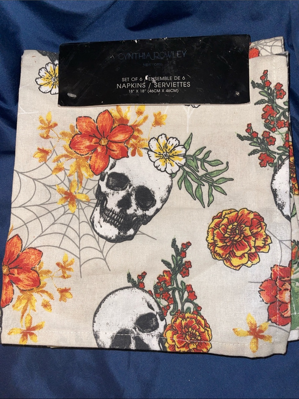 Cynthia Rowley Set of 6 Cream Napkins with Black Skulls and Orange Floral Print